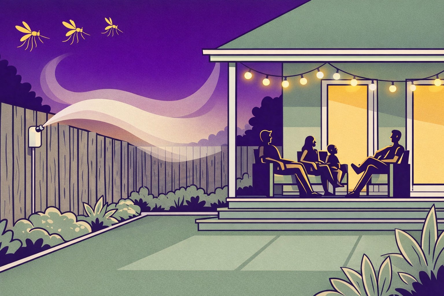 Illustration of a backyard misting system spraying a fine mist along a fence line while a family relaxes on their porch at dusk, mosquito-free