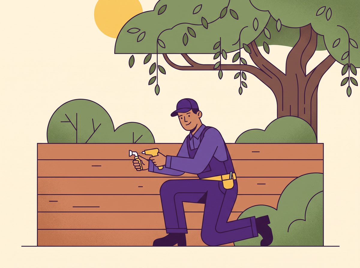 Illustration of a J&J technician installing a misting nozzle along a backyard fence line